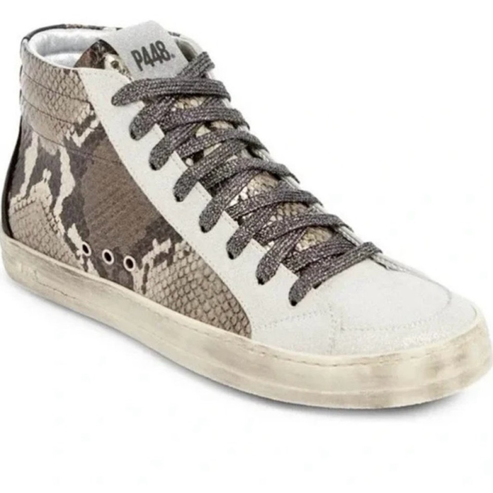 P448 Women's High-Top Sneakers - Snake Print White and Brown